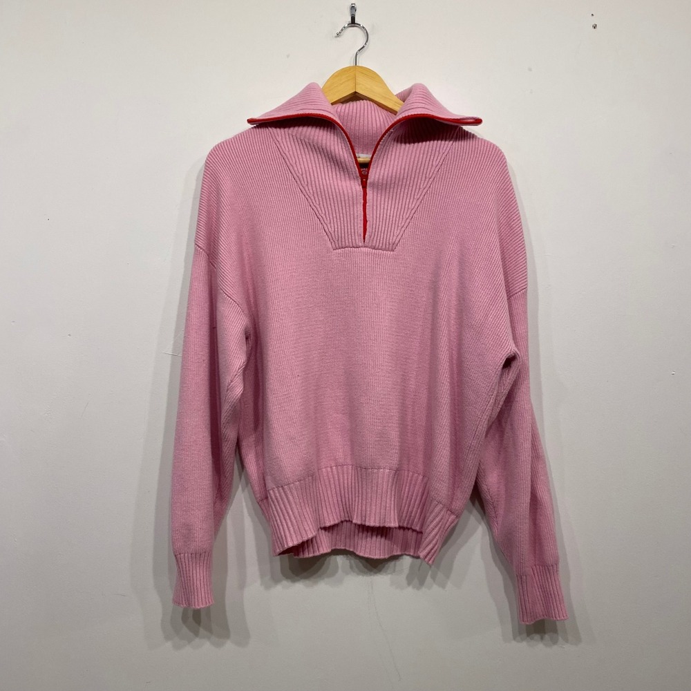 Mango Pink Quarter Zip Ribbed Pullover Sweater Red Trim Womens Size Medium